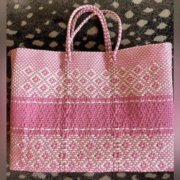 Loveshackfancy x Leslie Sulman pink woven logo St Barts tote bag beach bag - Picture 4 of 10